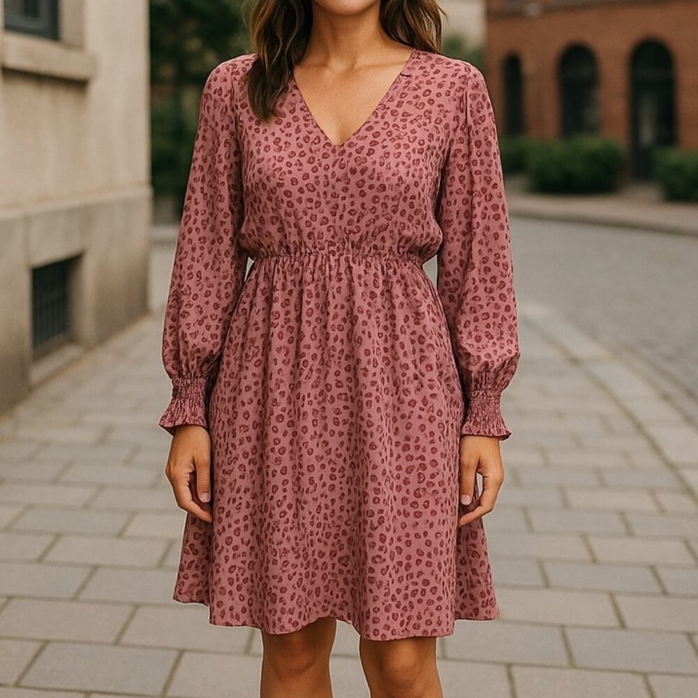 NWT ODDY Pink Leopard Print Long Sleeve Dress Women's L Boho Handkerchief Hem